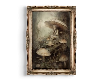 Forest Fairy | Cottagecore Prints, Mushroom Decor, Fairycore Wall Art, Botanical Aesthetic, Goblincore Wall Decor, Moody Painting Print