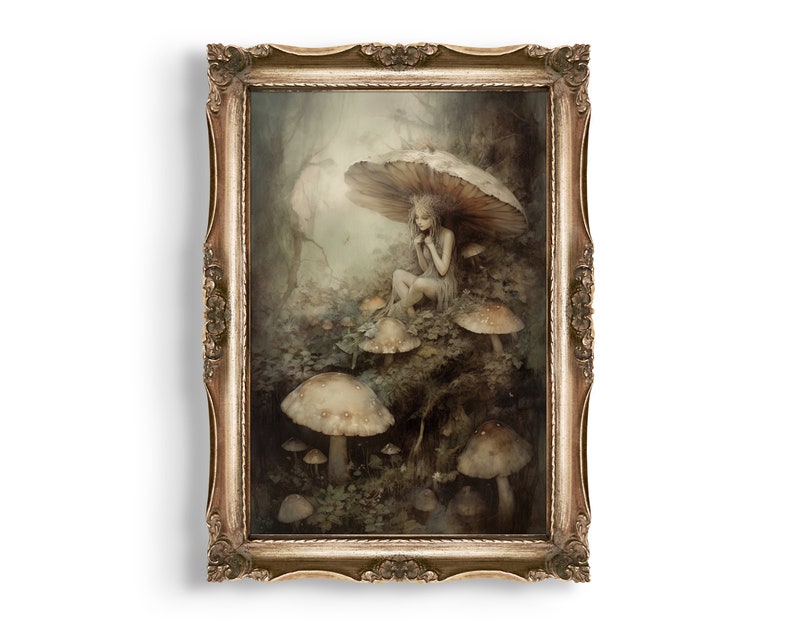 May include: A framed painting of a fairy sitting under a large mushroom in a forest setting. The fairy is wearing a white dress and has long, flowing hair. The mushrooms are various sizes and shapes, and the forest is filled with lush greenery.