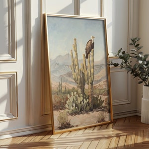 Americana aesthetic wall art depicting a bird on a cactus in a desert scene, perfect for southwest decor.