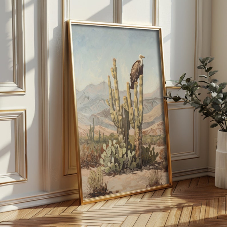 Americana aesthetic wall art depicting a bird on a cactus in a desert scene, perfect for southwest decor.