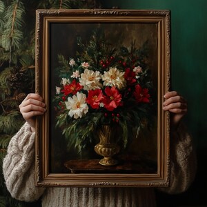 Dark botanical print with lush greenery and vivid floral details, ideal for gothic home decor or rustic wall art.