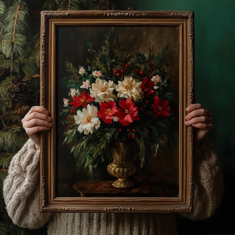 Dark botanical print with lush greenery and vivid floral details, ideal for gothic home decor or rustic wall art.