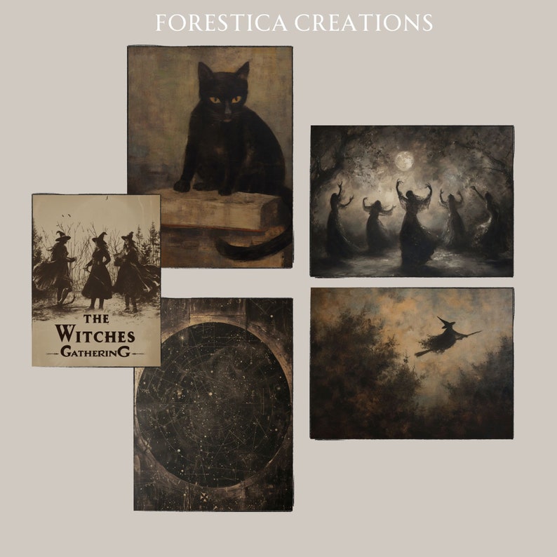 Witchy gallery set in an antique oil painting style, depicting mystical gatherings and celestial maps for a whimsical decor touch.