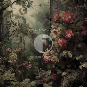 Secret Garden | Dark Cottagecore, Dark Academia Art, Vintage Floral Painting, Botanical Prints, Witch Room Decor, Dark Green Aesthetic image 7