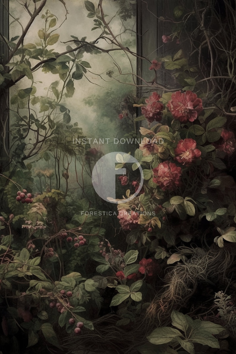 Secret Garden | Dark Cottagecore, Dark Academia Art, Vintage Floral Painting, Botanical Prints, Witch Room Decor, Dark Green Aesthetic image 7