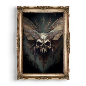 Skull Moth | Goth Wall Art, Gothic Academia Prints, Vampire Aesthetic, Dark Cottagecore Printable, Vintage Macabre Wall Decor, Witchy Art