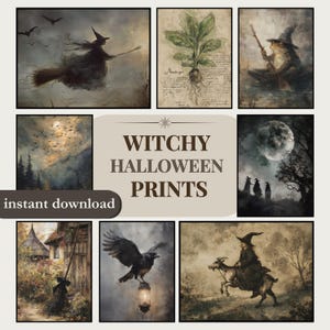 Set of 8 Witchy Halloween Prints | Gothic Wall Art, Spooky Witch & Raven Artwork, Vintage Dark Academia Decor