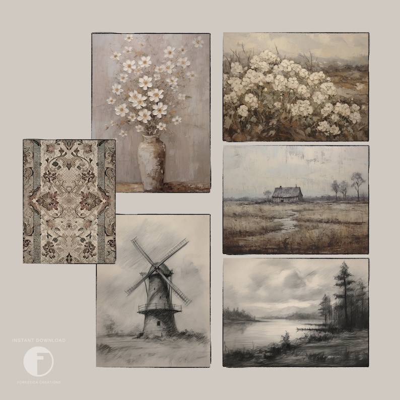 Set of 6 Vintage Farmhouse Prints | Gallery Wall Set, Cottagecore Decor, Neutral Art Prints, Rustic Country Art, Oil Paintings & Sketches image 6