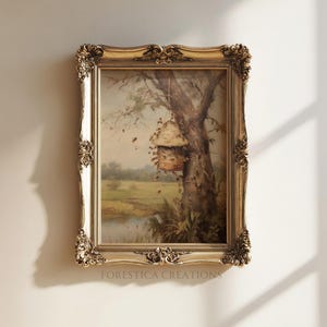 Nature-inspired nursery art featuring a beehive and honey bees, set against a springtime woodland backdrop, in a vintage oil style.