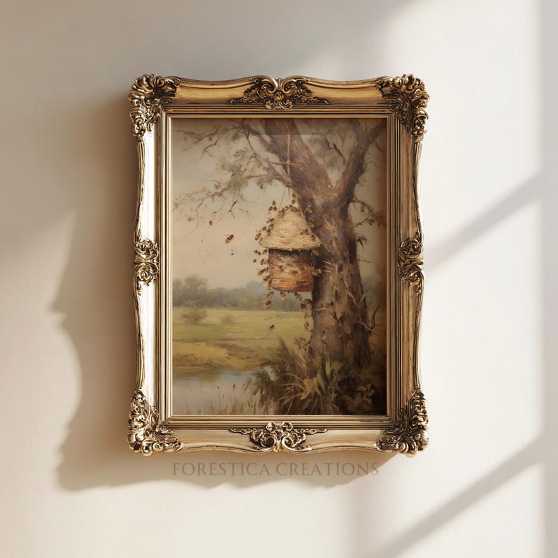 Nature-inspired nursery art featuring a beehive and honey bees, set against a springtime woodland backdrop, in a vintage oil style.