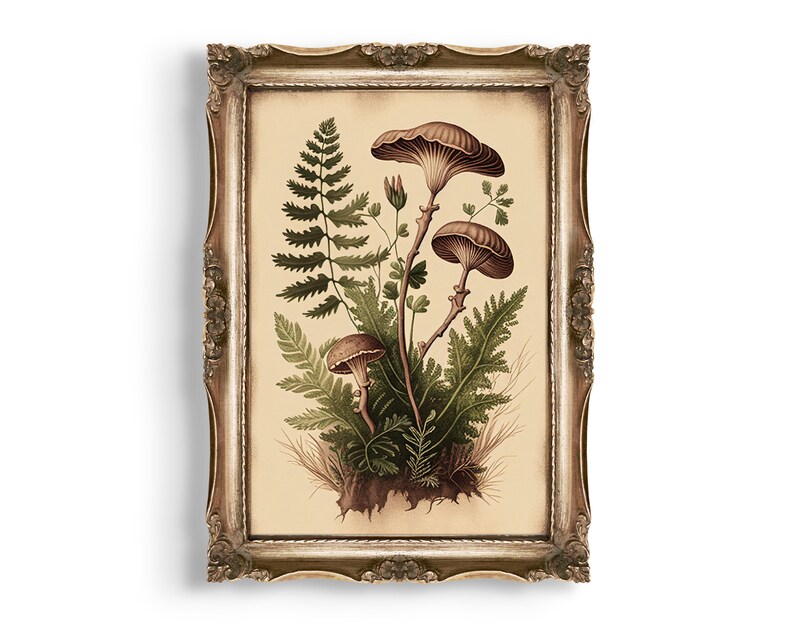 May include: A framed vintage botanical illustration featuring three brown mushrooms growing among green ferns and leaves on a cream background.