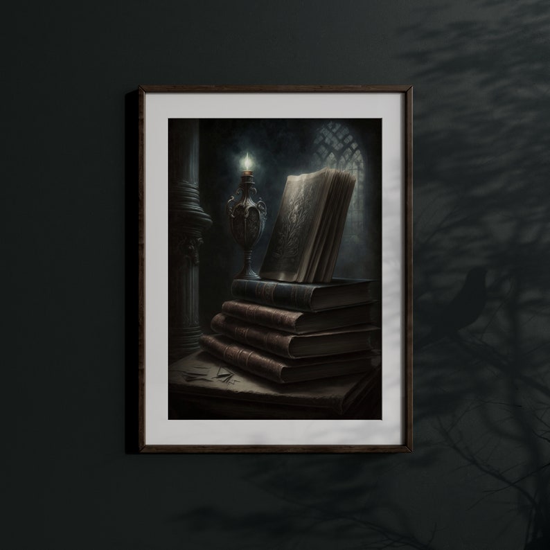 May include: A stack of antique books with a vintage candlestick and a single lit candle in a dark room. The books are bound in leather and have aged pages.