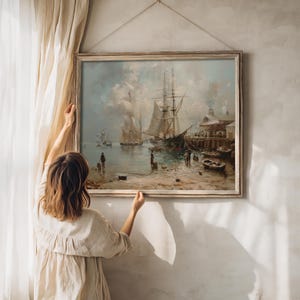 Rustic home decor print, featuring an antique sea port in an evocative ocean wall art style.