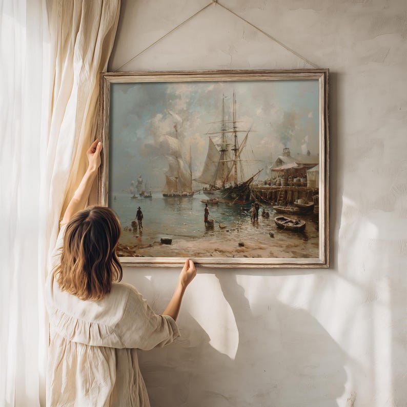 Rustic home decor print, featuring an antique sea port in an evocative ocean wall art style.