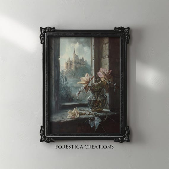 Forgotten Chamber | Dark Academia Print, Moody Still Life Painting, Gothic Floral Wall Art, Dark Fantasy Art, Romantic Castle Aesthetic