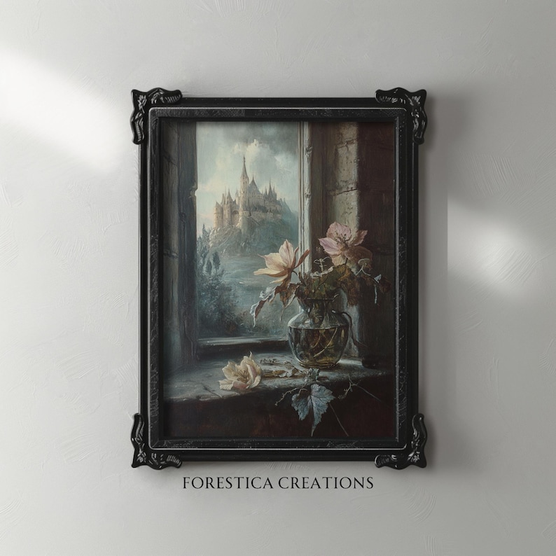 A dark academia print featuring a still life with flowers in a vase and a distant view of a medieval castle through a window, perfect for gothic home decor and dark cottagecore settings.