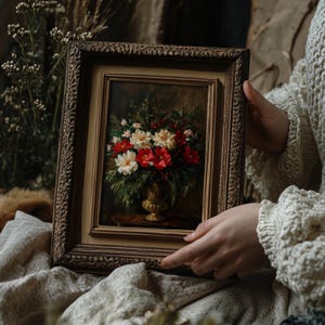 Vintage oil painting of red flowers with soft white blossoms and greenery, designed for dark academia or gothic-inspired spaces.