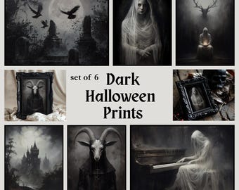 Set med 6 mörka Halloween-tryck | Gotisk heminredning, stämningsfulla konsttryck, gotisk väggkonst, mörk akademisk dekor, galleriväggset, kuslig estetik
