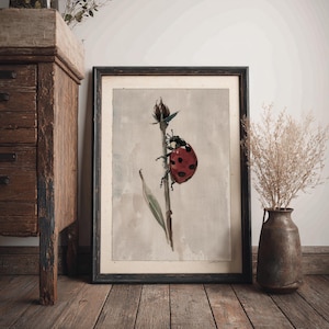Mariquita/insecto malhumorado imprimible, arte mural estilo cottagecore, pintura de acuarela, impresión minimalista de naturaleza, estética botánica, ilustración de insectos