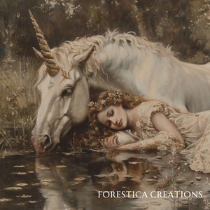 May include: A white unicorn with a golden horn rests its head on a sleeping woman with a flower crown in a forest setting. The woman is wearing a white dress and is lying in a pool of water.