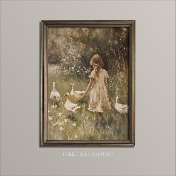 Goose Girl | Easter Prints, Cottagecore Wall Art, Farmhouse Decor, Rustic Home Decor, Moody Nature Wall Art, Antique Painting Aesthetic