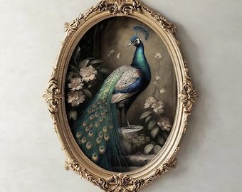 Victorian Peacock Oil Painting Print | Dark Academia Wall Art (Digital Download)