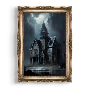 Abandoned Mansion | Gothic Vintage House Art, Goth Cottagecore, Spooky Oil Painting Print, Dark Academia Printable, Moody Gothic Home Decor