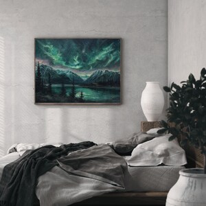 Celestial landscape painting depicting ethereal green northern lights swirling above a serene mountain lake, perfect for celestial wall art enthusiasts.