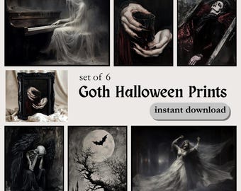 Set med 6 gotiska Halloween-tryck | Gotisk heminredning, mörka stämningsfulla konsttryck, mörk akademisk dekor, tavelväggsset, kuslig skräckestetik