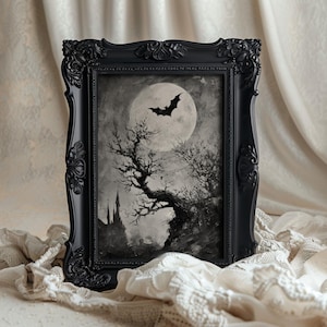 This gothic wall art piece showcases a distant gothic castle under a moonlit sky.