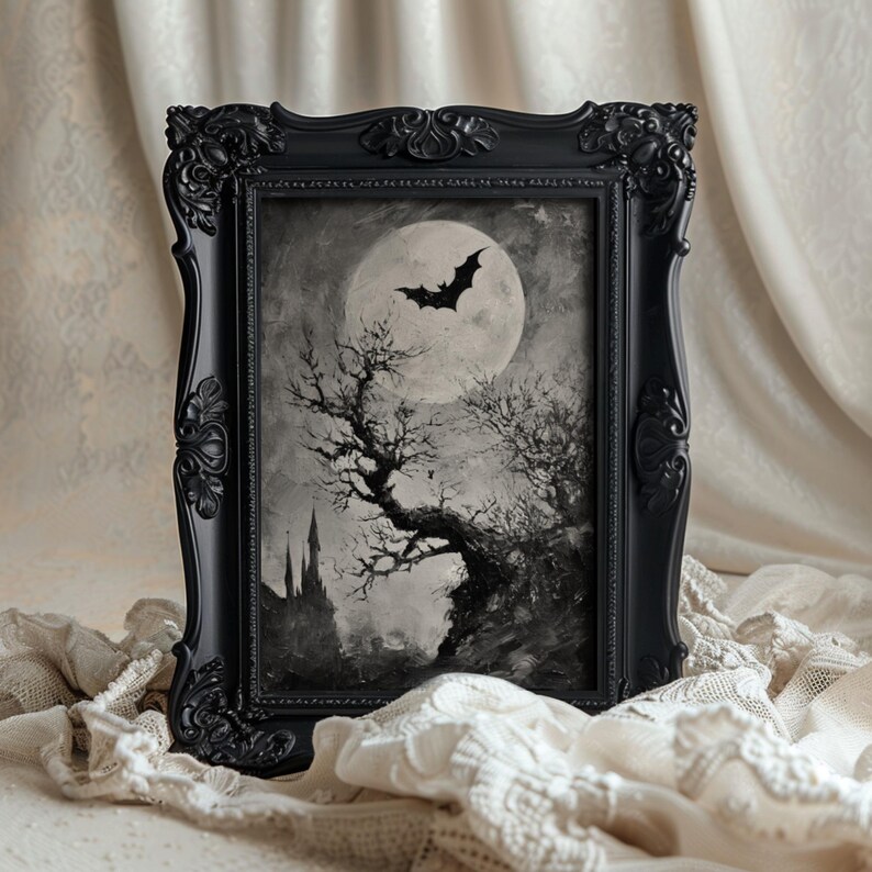 This gothic wall art piece showcases a distant gothic castle under a moonlit sky.