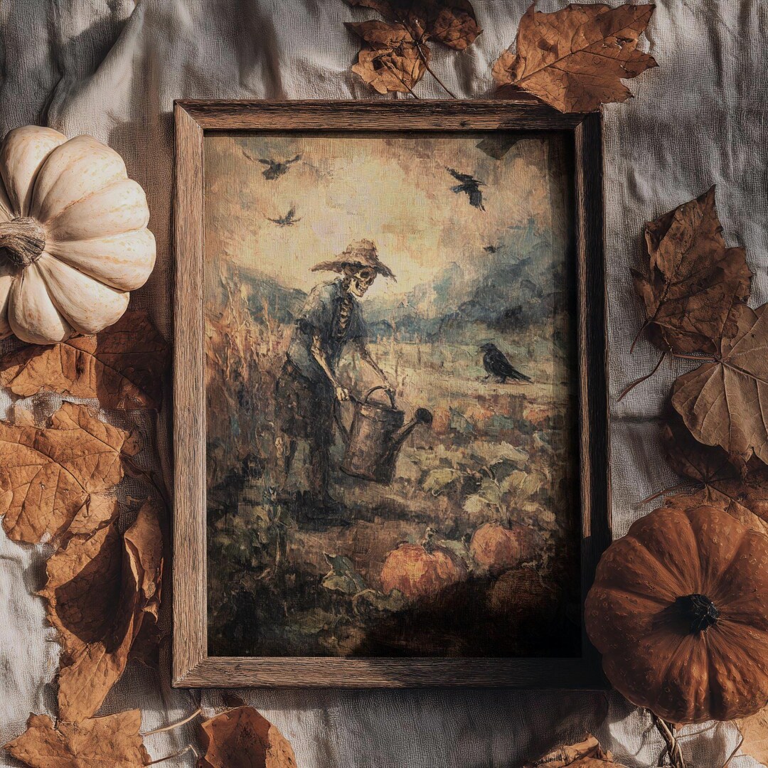 Skeleton Pumpkin Patch Art Print | Dark Cottagecore Halloween (digital ...