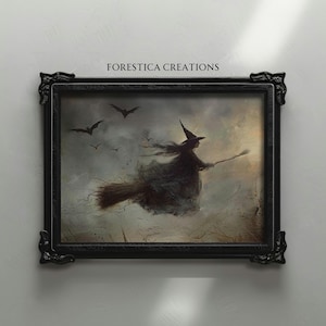 Witching Hour | Arte de parede de bruxa, impressões de Halloween, pintura de bruxa voadora, academia sombria, decoração de casa de bruxa, arte de parede temperamental, estética vintage