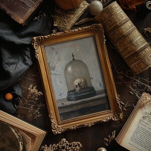 Eclectic art print with a dark academia vibe, portraying a skull in a still life setting, rendered in oil painting style.