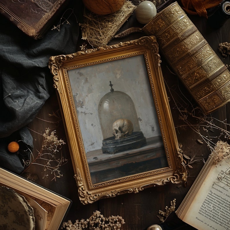 Eclectic art print with a dark academia vibe, portraying a skull in a still life setting, rendered in oil painting style.