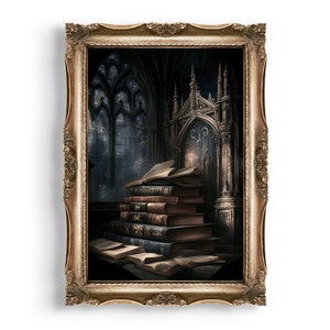 Verlassene gotische Bibliothek | Gothic Vintage Bücher Wandkunst, Bücherwurm Ölgemälde Druck, Dark Academia Decor, Antikes viktorianisches Zimmer Dekor