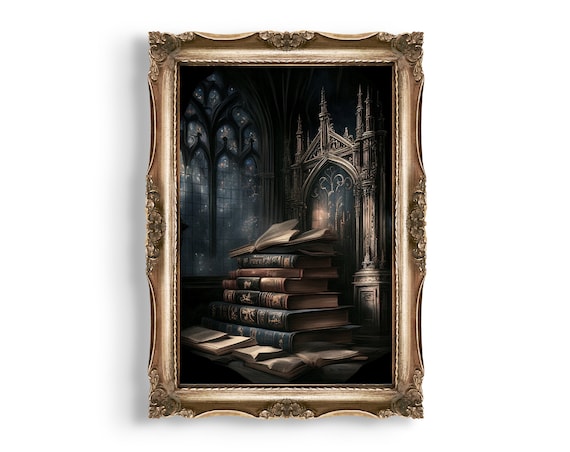 Gothic Library Book Stack Art Print | Dark Academia Room Decor (Digital Download)