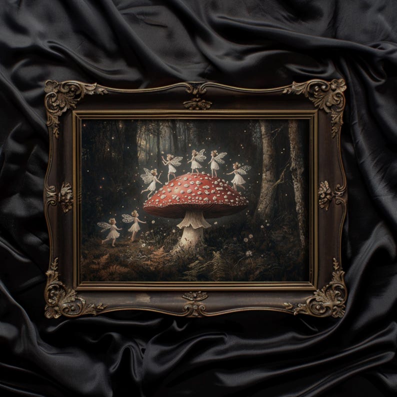 A woodland fantasy art print with dancing fairies and a large mushroom, bringing magical, dark academia vibes to cottagecore or nursery spaces.