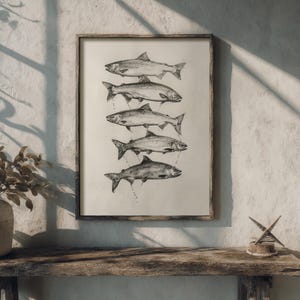 Nautical themed wildlife art print depicting five salmon, perfect for ocean wall art.