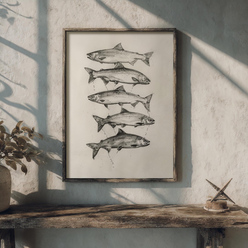 Nautical themed wildlife art print depicting five salmon, perfect for ocean wall art.