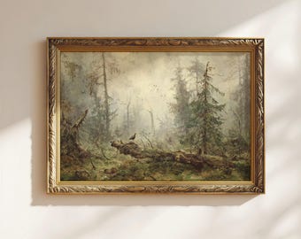 Moody Forest Landscape Printable Wall Art – Misty Woodland Painting, Rustic Cabin Decor, Vintage Nature Artwork, Digital Download