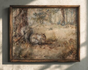 Squirrel & Nut Print: Cottagecore Painting, Woodland Nursery Decor (Digital Download)