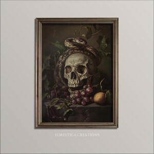 Früchte der Zeit | Dark Academia Drucke, Goth Wandkunst, Memento Mori Art, Gothic Home Decor, launisches Ölgemälde, makabere Schlange Kunstdruck