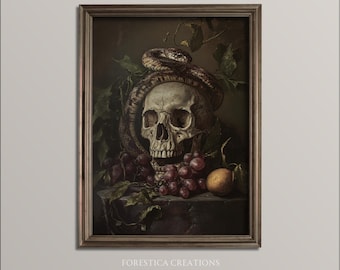 May include: A still life painting of a human skull with a snake wrapped around it. The skull is surrounded by grapes and a lemon, all set against a dark background.