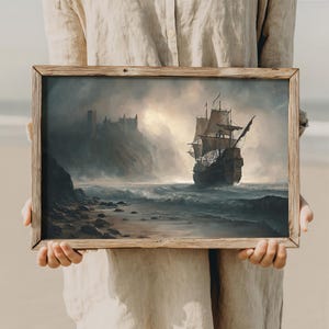Sea Ship | Moody Seascape Painting Print, Warship at Coast Printable, Antique Oil Painting, Coastal Wall Decor, Beach House Wall Art