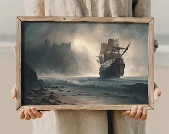 Warship Seascape Painting Print: Moody Coastal Wall Art (Digital Download)