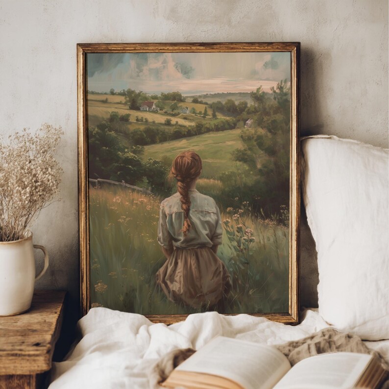 Rustic countryside painting with a figure admiring nature, a charming addition to spring decor or green room decor.