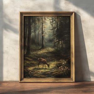 Deer at Dawn | Moody Forest Wall Art, Cottagecore Prints, Woodland Room Decor, Dark Academia Aesthetic, Rustic Nature Painting Printable