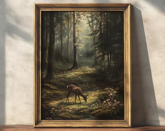 Deer at Dawn | Moody Forest Wall Art, Cottagecore Prints, Woodland Room Decor, Dark Academia Aesthetic, Rustic Nature Painting Printable