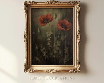 Moody Poppies | Botanical Decor, Cottagecore Wall Art, Dark Academia, Victorian Art, Vintage Oil Painting Aesthetic, Dark Floral Art Print
